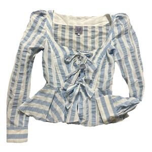 Thierry Colson Women's XS Cotton Peplum Blue And White Stripe Blouse Tie Front